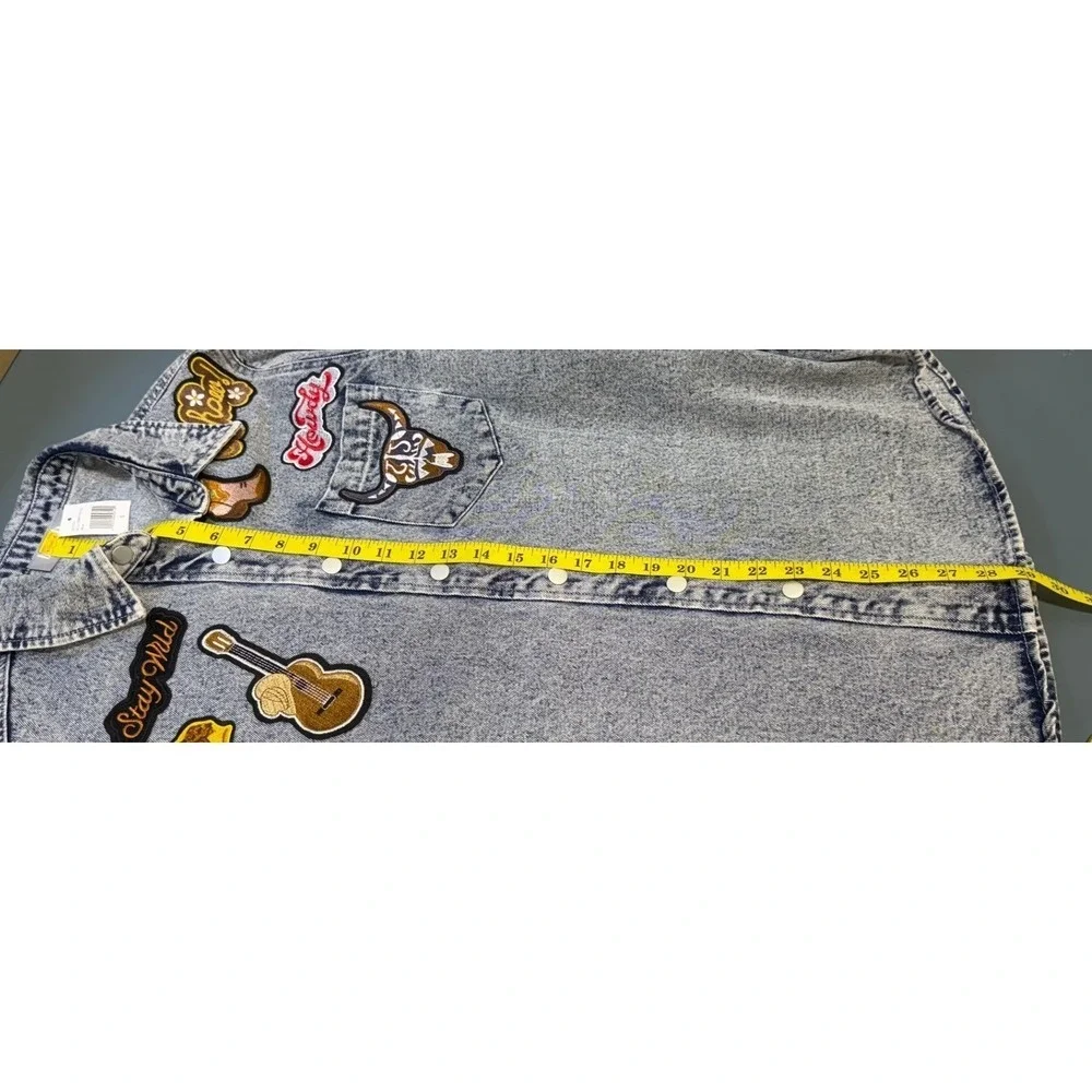 Blue‎ B Womens Acid Wash Denim Western Patch Oversized Shacket Light Blue S